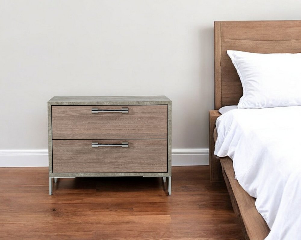 20" Brown And Gray Solid and Manufactured Wood Two Drawer Nightstand