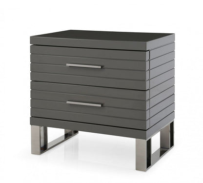 23" Silver And Gray Stainless Steel Solid and Manufactured Wood Two Drawer Nightstand