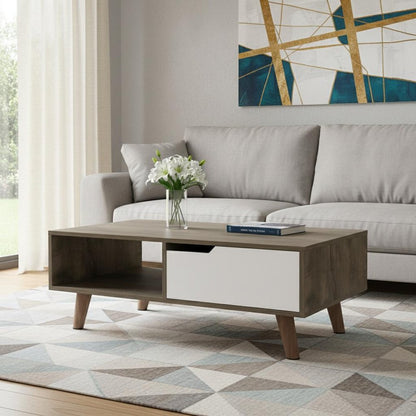 40" Natural And Dark Brown And White Wood Rectangular Coffee Table With Shelf