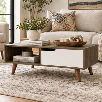 40" Natural And Dark Brown And White Wood Rectangular Coffee Table With Shelf