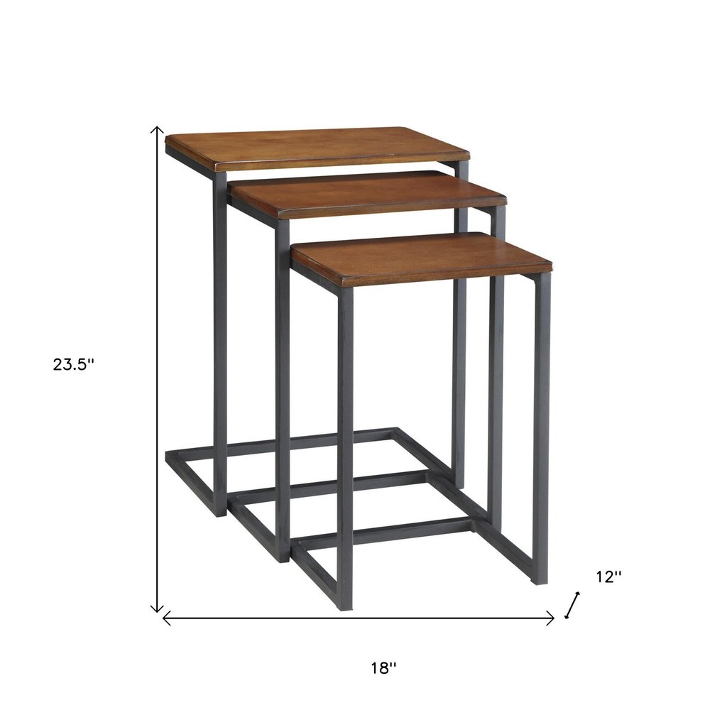 Set of Three Brown and Black Distressed Solid Wood and Metal Frame Nested Tables