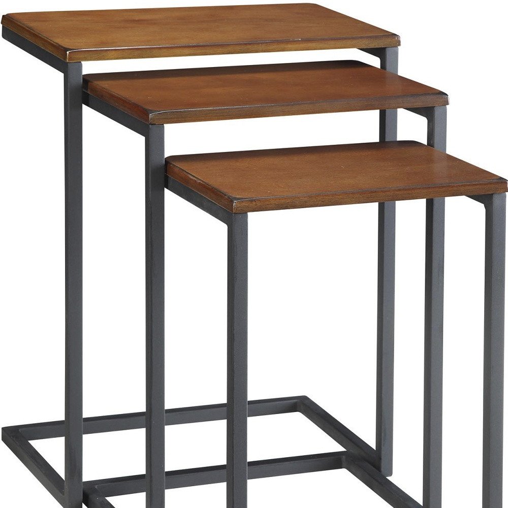 Set of Three Brown and Black Distressed Solid Wood and Metal Frame Nested Tables
