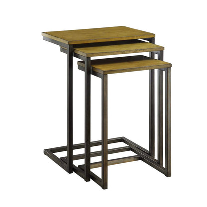Set of Three Brown and Black Distressed Solid Wood and Steel Frame Nested Tables