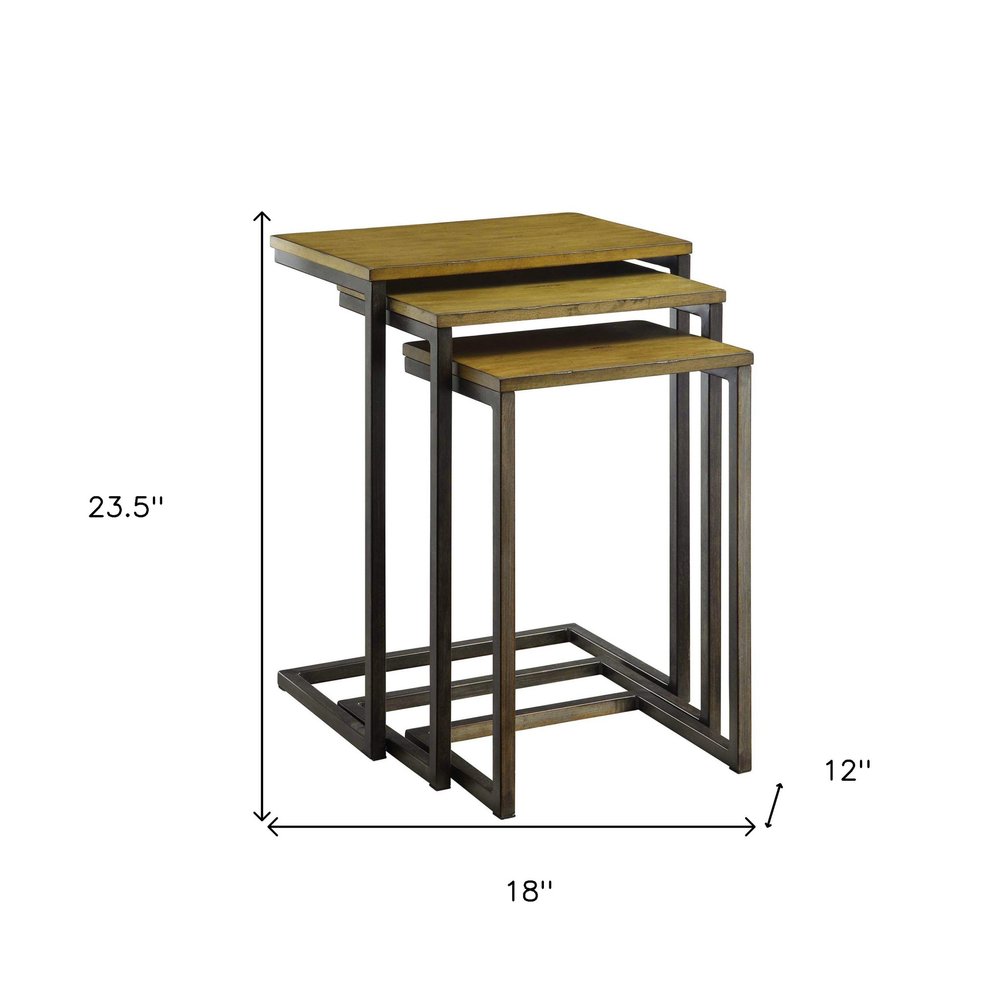 Set of Three Oak And Black Distressed Solid Wood And Steel Nested Tables