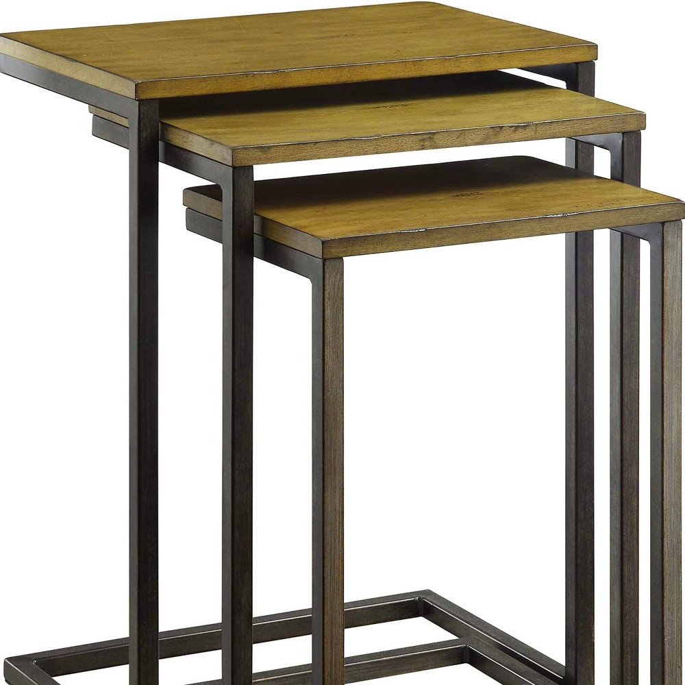 Set of Three Brown and Black Distressed Solid Wood and Steel Frame Nested Tables