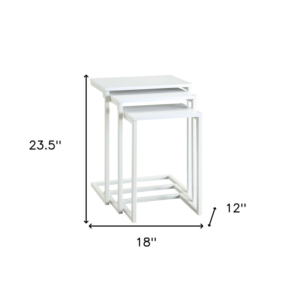 Set of Three White Solid Wood and Steel Frame Nested Tables