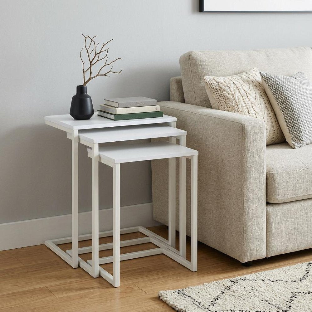 Set of Three White Solid Wood and Steel Frame Nested Tables