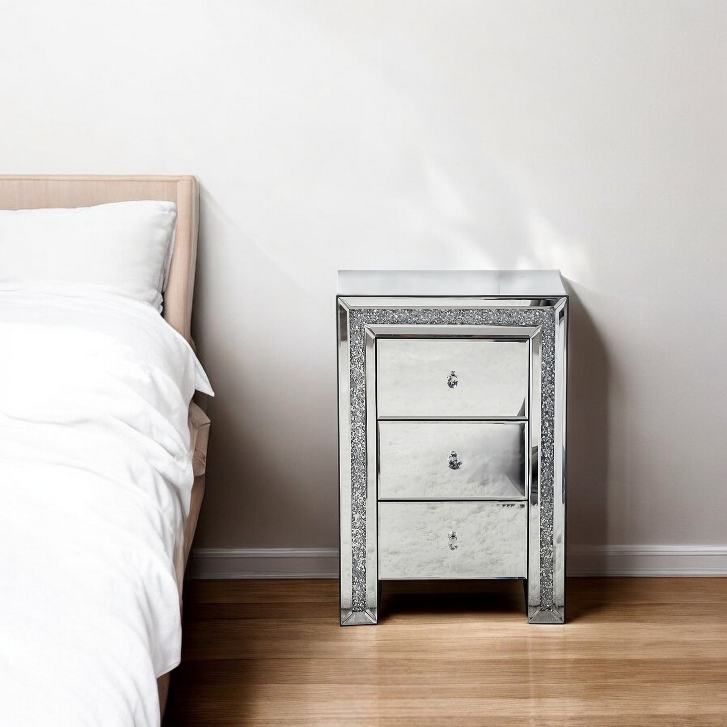 27" Silver Wood and Mirror And Mirrored Glass Three Drawer Nightstand