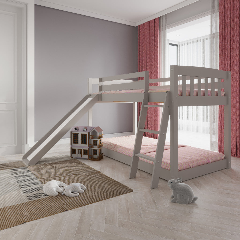 Gray Twin over Twin Solid Wood Bunk Bed With Slide and Ladder