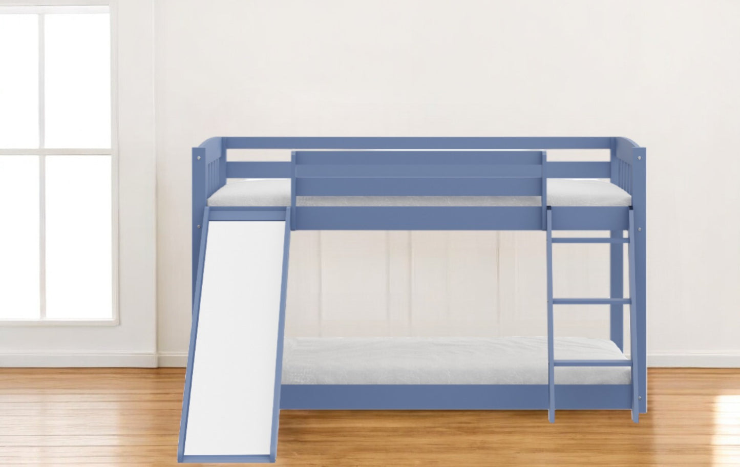 Blue Twin over Twin Solid Wood Bunk Bed With Slide and Ladder