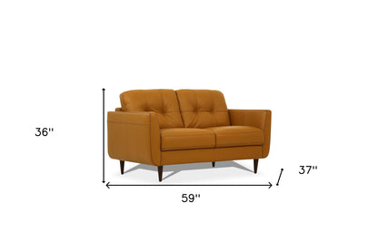 59" Camel And Brown Leather Loveseat