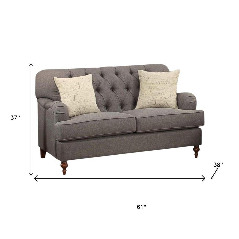 61" Dark Gray And Brown Linen Curved Loveseat and Toss Pillows