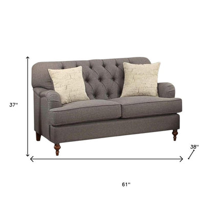 61" Dark Gray And Brown Linen Curved Loveseat and Toss Pillows