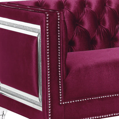 67" Burgundy And Silver Velvet Loveseat and Toss Pillows