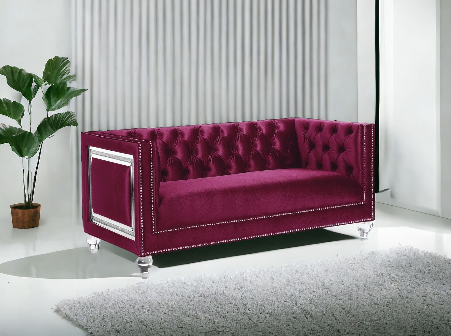 67" Burgundy And Silver Velvet Loveseat and Toss Pillows