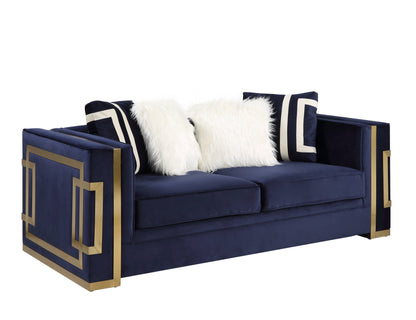 80" Blue And Gold Velvet Loveseat and Toss Pillows