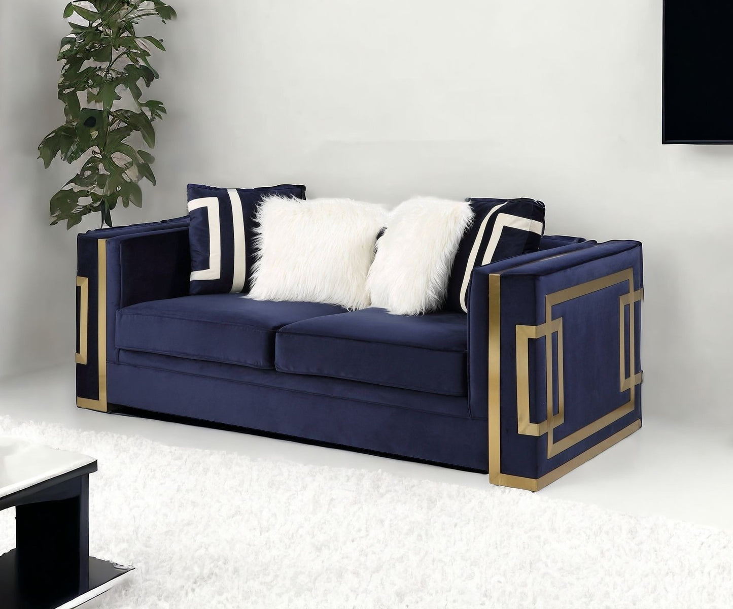 80" Blue And Gold Velvet Loveseat and Toss Pillows