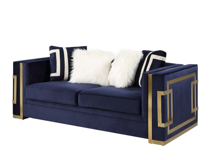 80" Blue And Gold Velvet Loveseat and Toss Pillows