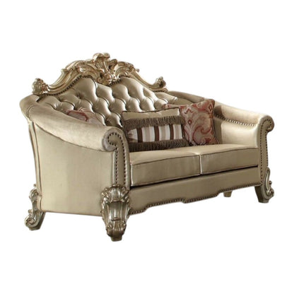67" Bone And Gold Faux Leather Loveseat and Toss Pillows