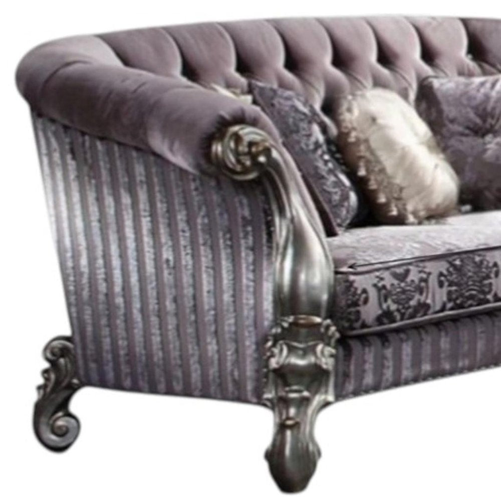 76" Purple And Platinum Velvet Loveseat and Toss Pillows