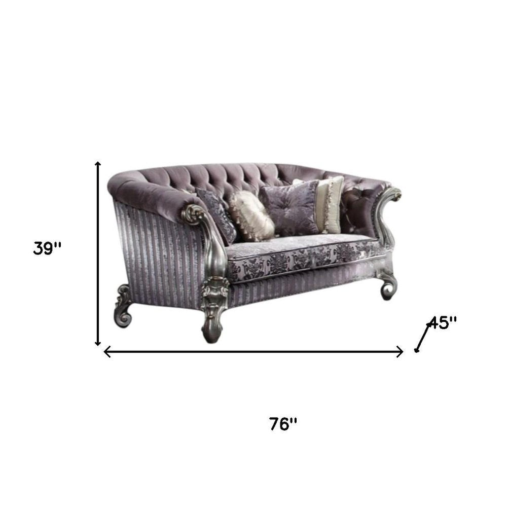 76" Purple And Platinum Velvet Loveseat and Toss Pillows