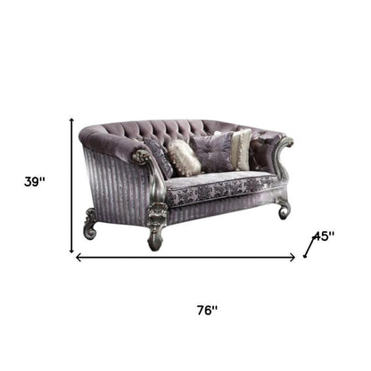 76" Purple And Platinum Velvet Loveseat and Toss Pillows