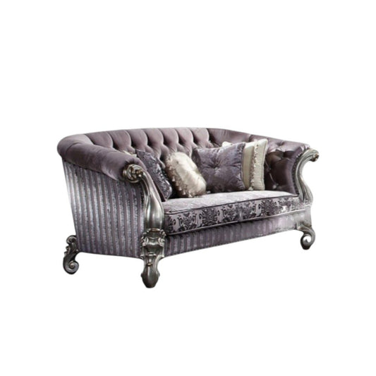 76" Purple And Platinum Velvet Loveseat and Toss Pillows