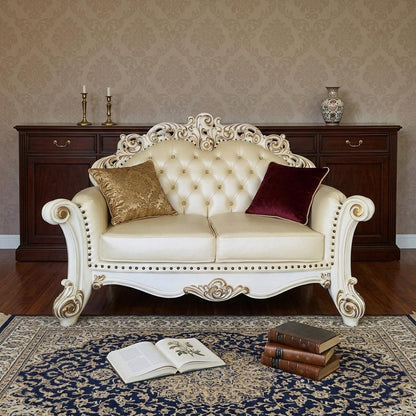 70" Champagne And Pearl Faux Leather Loveseat and Toss Pillows