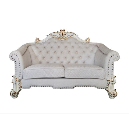 66" Two Tone Ivory And Pearl Velvet Loveseat and Toss Pillows