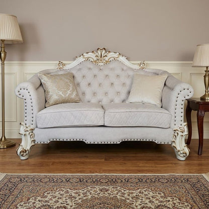 66" Two Tone Ivory And Pearl Velvet Loveseat and Toss Pillows