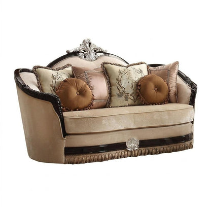 75" Tan Velvet Curved Loveseat and Toss Pillows