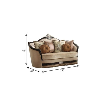 75" Tan Velvet Curved Loveseat and Toss Pillows