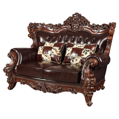 71" Espresso And Brown Faux Leather Curved Loveseat