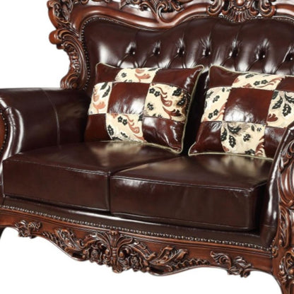 71" Espresso And Brown Faux Leather Curved Loveseat