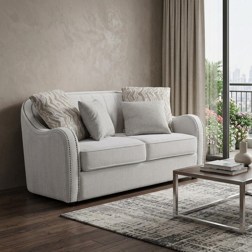 63" Beige And Black Linen Curved Loveseat and Toss Pillows