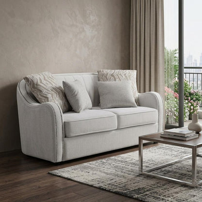 63" Beige And Black Linen Curved Loveseat and Toss Pillows