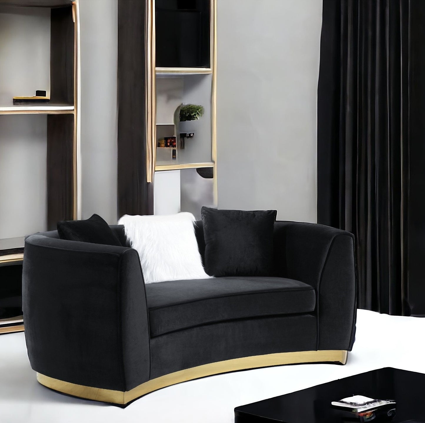 69" Black And Gold Velvet Curved Loveseat