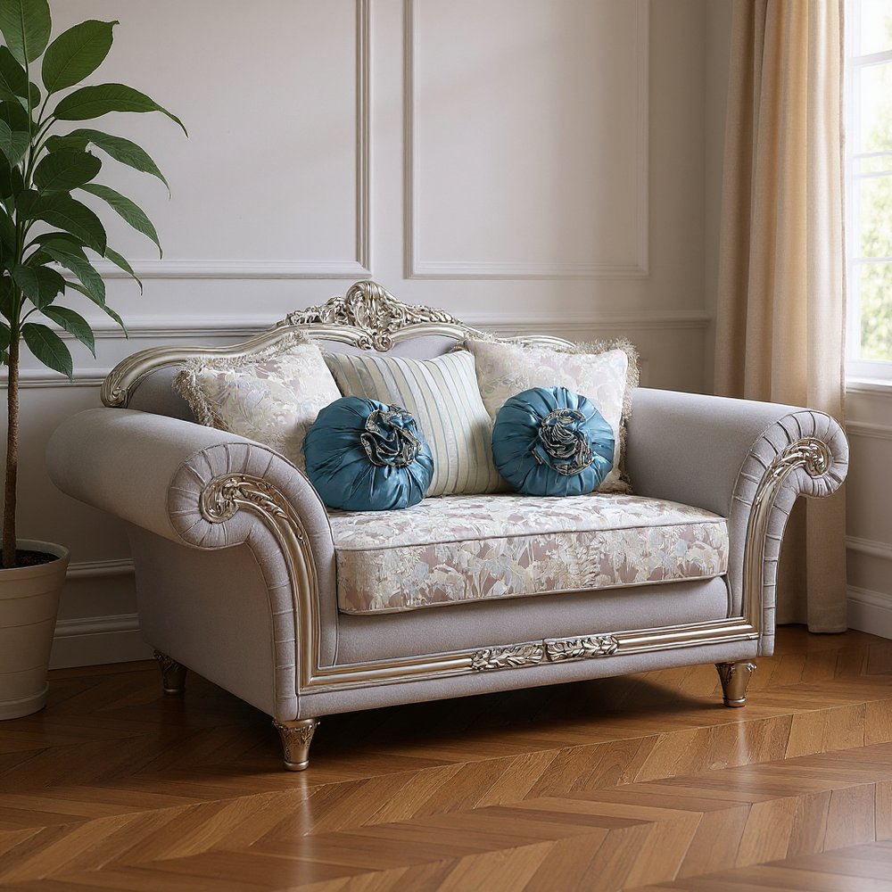 76" Light Gray And Platinum Linen Loveseat and Toss Pillows