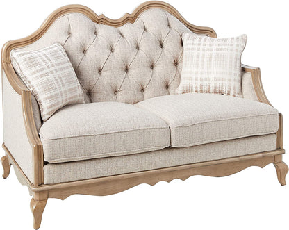 62" Beige And Brown Linen Loveseat and Toss Pillows