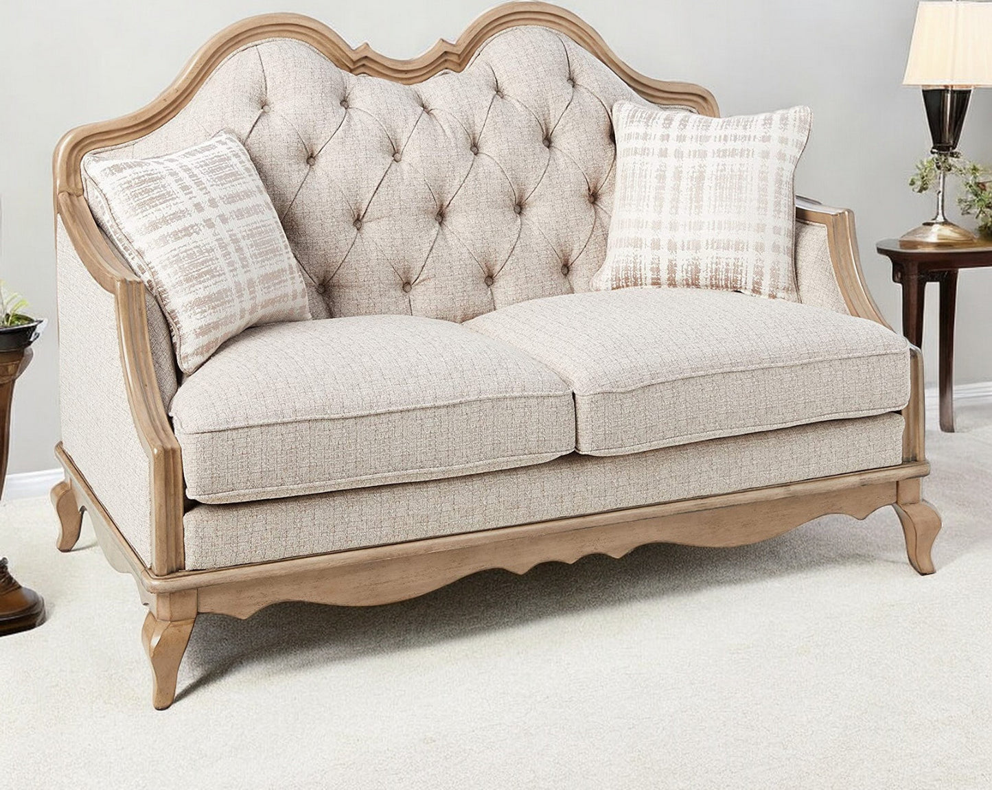 62" Beige And Brown Linen Loveseat and Toss Pillows