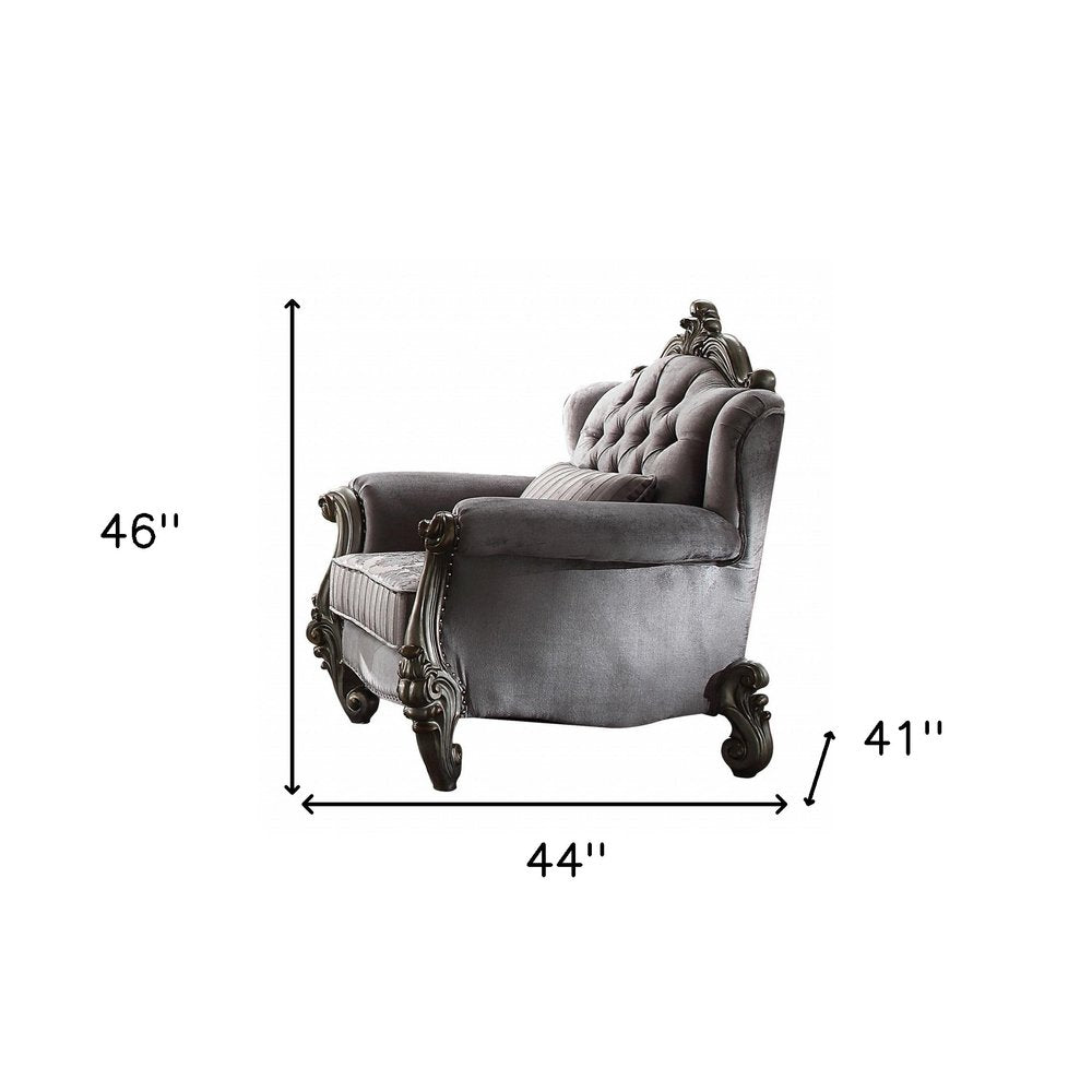 44" Gray and Platinum Velvet Floral Tufted Club Chair And Toss Pillow