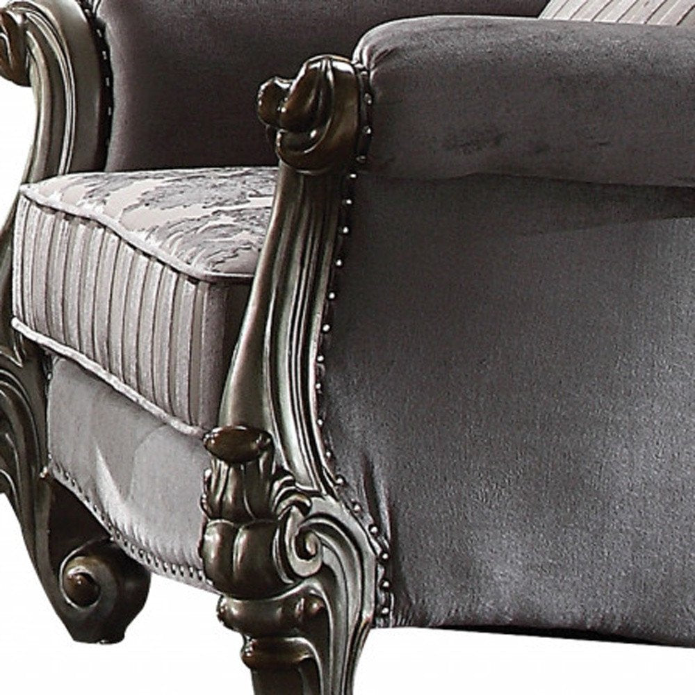 44" Gray and Platinum Velvet Floral Tufted Club Chair And Toss Pillow