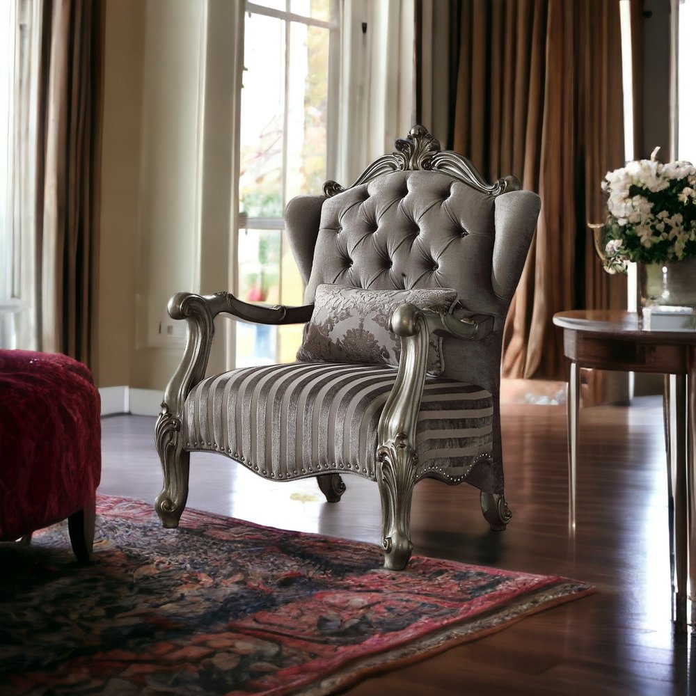 33" Gray and Platinum Velvet Striped Tufted Wingback Chair And Toss Pillow