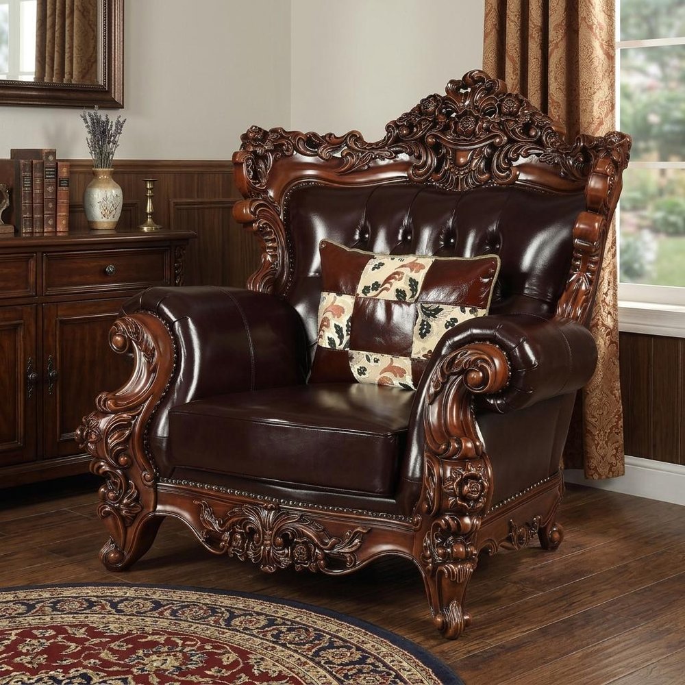 50" Espresso Faux Leather Tufted Wingback Chair And Toss Pillow