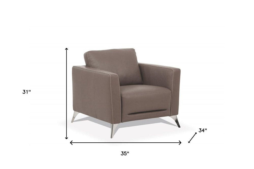 35" Taupe and Black Genuine Leather Arm Chair