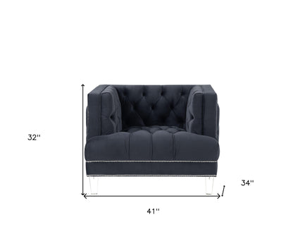 41" Charcoal Velvet And Black Tufted Arm Chair