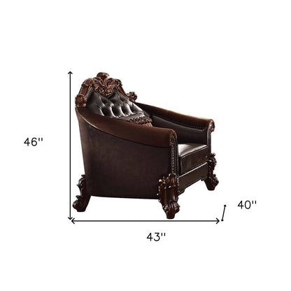 43" Dark Brown Faux Leather Tufted Chesterfield Chair And Toss Pillow