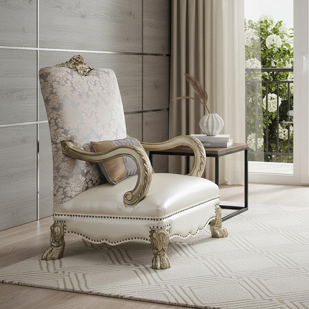 34" Pearl and Gold Faux Leather Floral Arm Chair And Toss Pillow