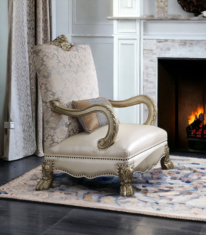 34" Pearl and Gold Faux Leather Floral Arm Chair And Toss Pillow