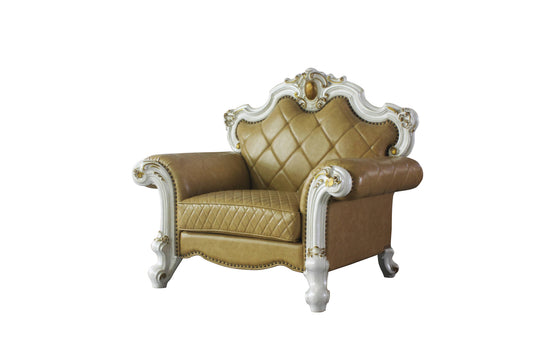 50" Beige and Pearl Faux Leather Tufted Arm Chair And Toss Pillow